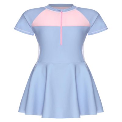 Yartina Kids Girls One Piece Swimsuit Short Sleeve Swimming Dress Quickly Dry Swimwear Bathing Suit Blue 9-10 Years