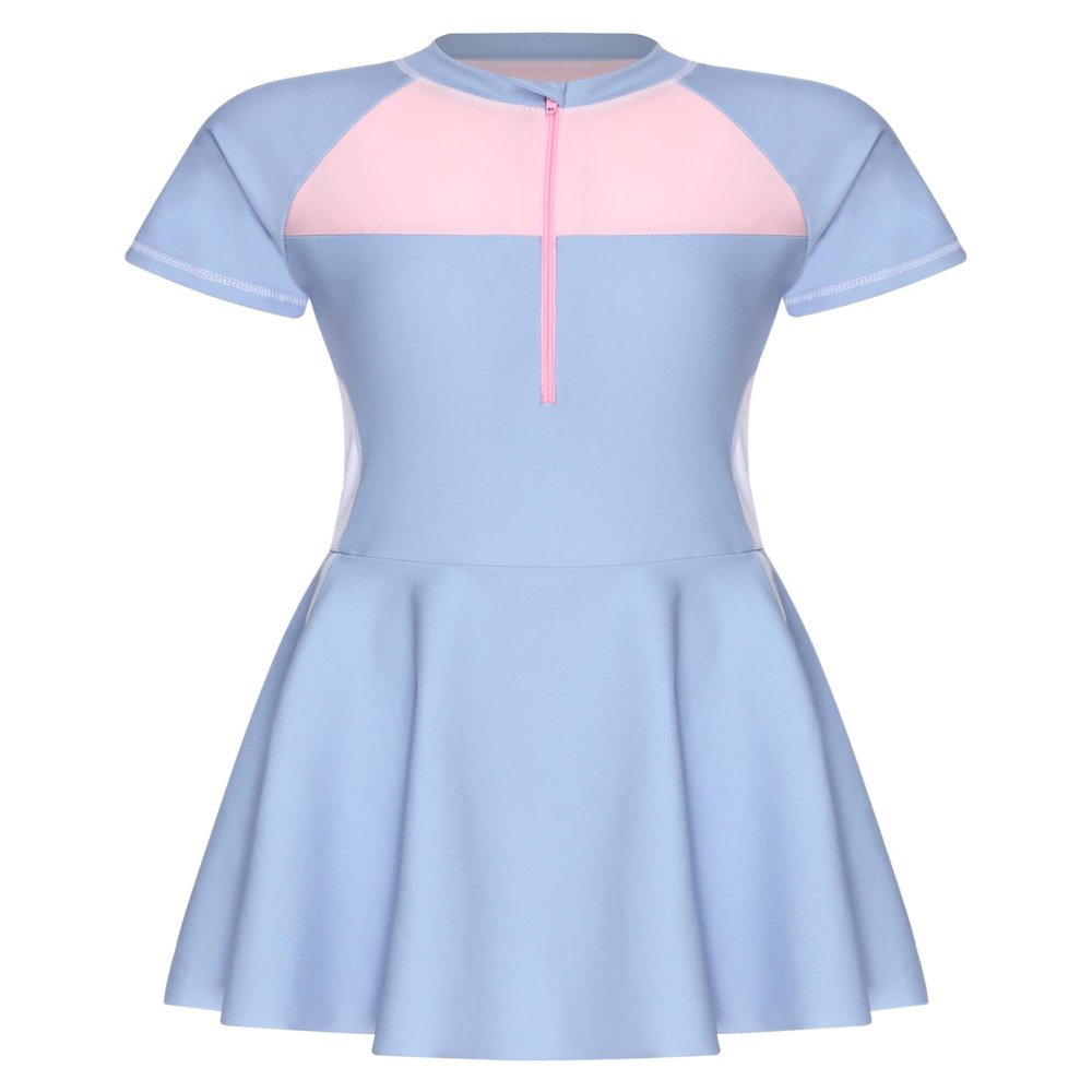 Yartina Kids Girls One Piece Swimsuit Short Sleeve Swimming Dress Quickly Dry Swimwear Bathing Suit Blue 9-10 Years