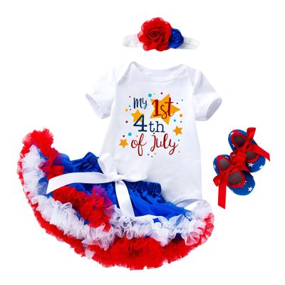 4th of July Baby Girl Birthday Outfit American Romper+Ruffle Tulle Skirt+Headband+Shoes Independence (Red, 9-12 Months)