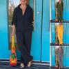 Women 2 Piece Cotton Linen Outfits Casual Loose 3/4 Sleeve Button Tops High Waist Wide Leg Pants Suit with Pockets view 4