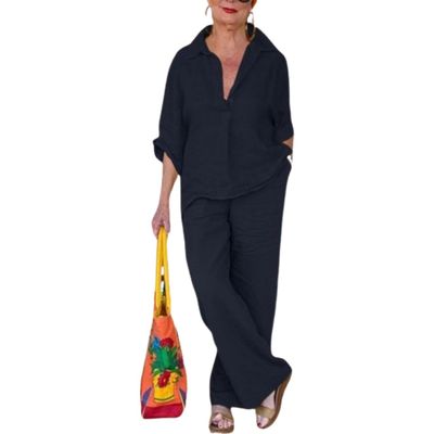 Women 2 Piece Cotton Linen Outfits Casual Loose 3/4 Sleeve Button Tops High Waist Wide Leg Pants Suit with Pockets