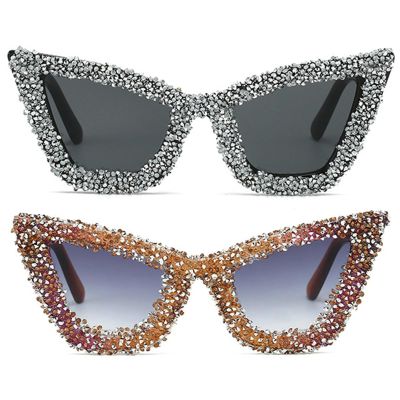 willochra Luxury Rhinestones Sunglasses Women Fashion sexy Sparkling cat eye Diamond Sun Glasses Lady bing Crystal Eyewear (2pcs-black&brown)