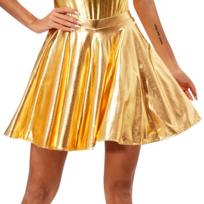 Agoky Women's Big Girls Shiny Metallic Pleated Flared Skirt with Built-in Shorts for Ballet Dance Party Gold Small