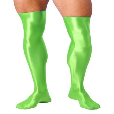 Hularka Men's Oily Shiny Thigh High Stocking Solid Color Stretchy Long Socks Cosplay Costume Fluorescent Green One Size