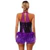 Agoky Women's Big Girls Shiny Sequins Leotard Ballet Jazz Latin Dance Bodysuits Short Jumpsuits Purple Medium view 3
