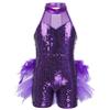 Agoky Women's Big Girls Shiny Sequins Leotard Ballet Jazz Latin Dance Bodysuits Short Jumpsuits Purple Medium view 4
