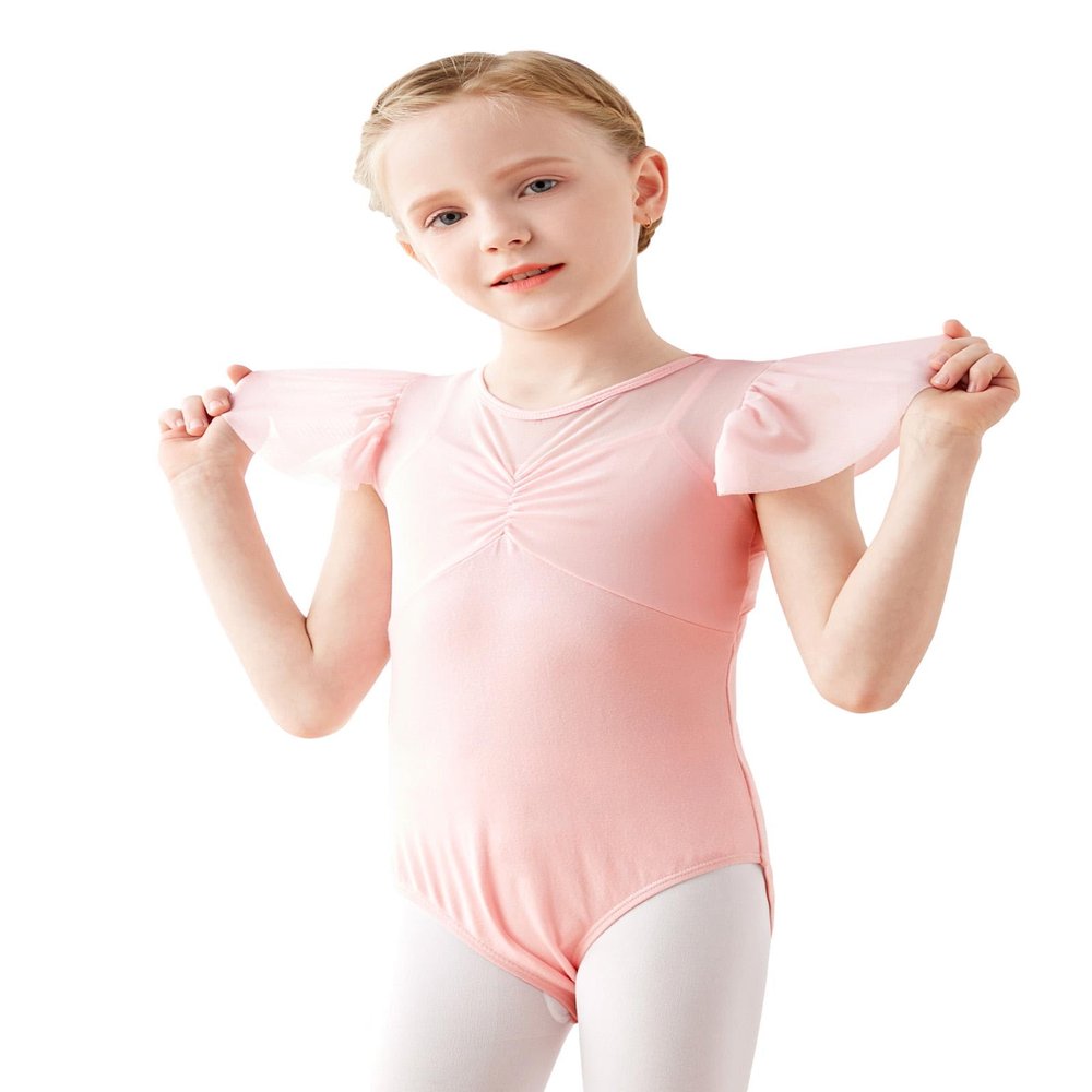 Daydance Ballet Pink Girls Leotards Ruffle Sleeve Faux-2 Piece Dance Tops for Practice