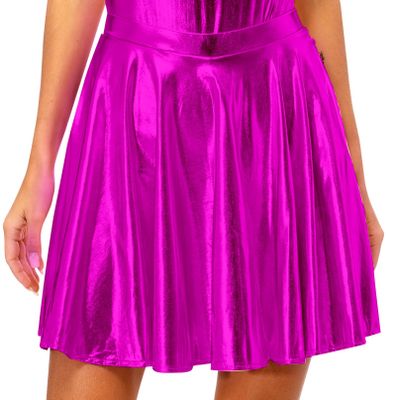 Agoky Women's Big Girls Shiny Metallic Pleated Flared Skirt with Built-in Shorts for Ballet Dance Party Rose Small