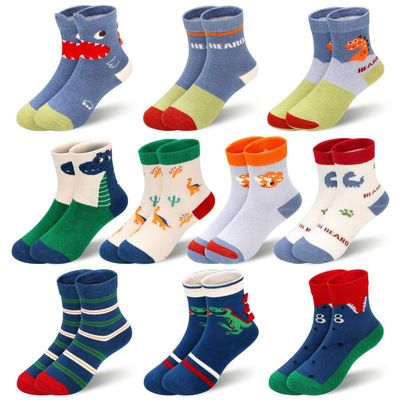 Padgene 10 Pairs Kids Boys Fun Novelty Socks Toddler None Slip Cotton Crew Dress Socks Cartoon Dinosaur Car Shark Crocodile Space Anime Stripes