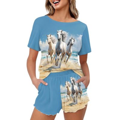 HELLHERO Horse Pajamas Set for Women Summer T Shirt with Shorts Pjs Set Short Sleeve Loungewear Sleepwear Home Clothes Jammies Holiday Jogger Wedding Party XL