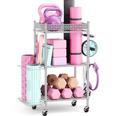 Yoga Mat Storage Rack, Home Gym Storage Rack Yoga Mat Holder, VOPEAK Workout Storage for Yoga Mat, Foam Roller, Gym Organizer Gym Equipment Storage for Home Exercise and Fitness Gear (Metal)