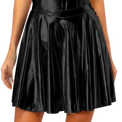 Agoky Women's Big Girls Shiny Metallic Pleated Flared Skirt with Built-in Shorts for Ballet Dance Party Black Small