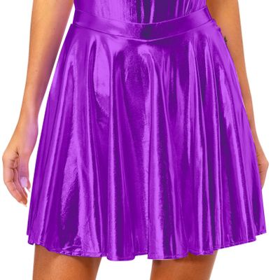 Agoky Women's Big Girls Shiny Metallic Pleated Flared Skirt with Built-in Shorts for Ballet Dance Party Purple Small