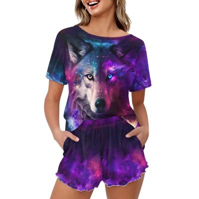 HELLHERO Galaxy Wolf Pajamas Set for Women Summer T-Shirt and Shorts 2 Piece Loungewear Sleepwear Jammies Bridal Party Pajamas Holiday Wedding 5X