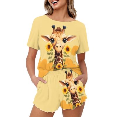HELLHERO Sunflower Giraffe Pajamas for Women Set Shorts Two Piece Loungewear Summer Lounge Sets Sleepwear Jammies Holiday Home Clothes Yoga Workout Party L