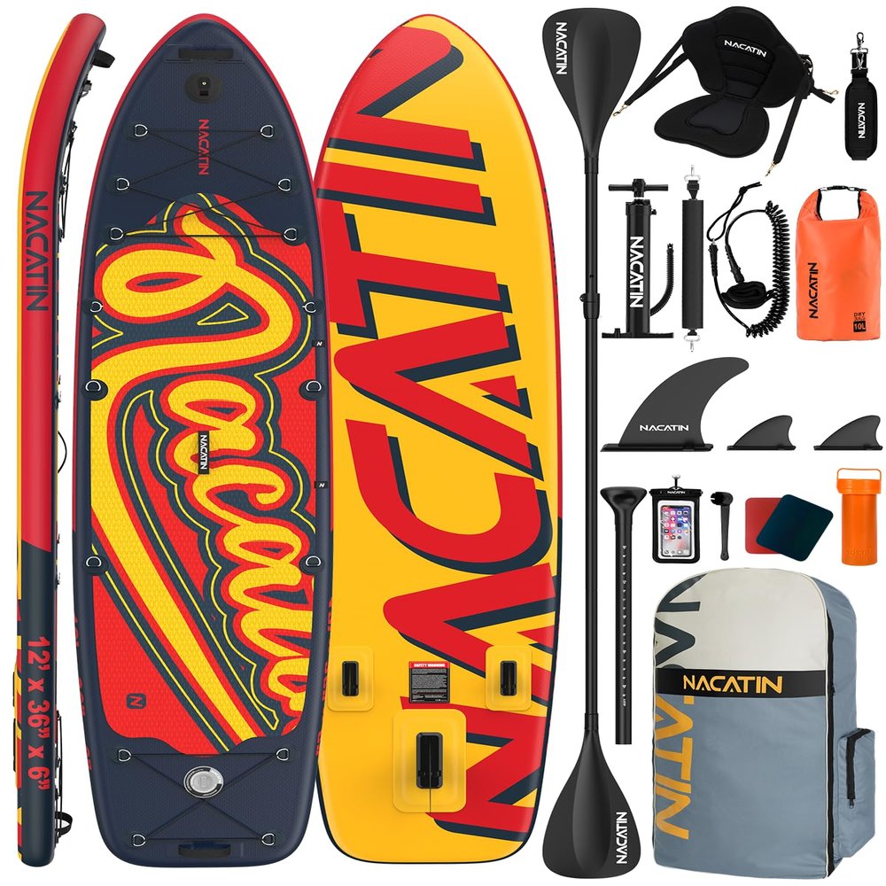 Inflatable Stand Up Paddle Board 12' with Kayak Seat & Dual Paddles Premium SUP Board for Adults & Families Includes Kayak Conversion Kit, Pump, Leash & Accessories Stable Wide Deck for Beginners