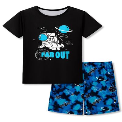 Beezizac Boys Pajamas Black & Blue Astronaut 2-Piece Short Set Soft PJ Summer Jammies Kid Size 10