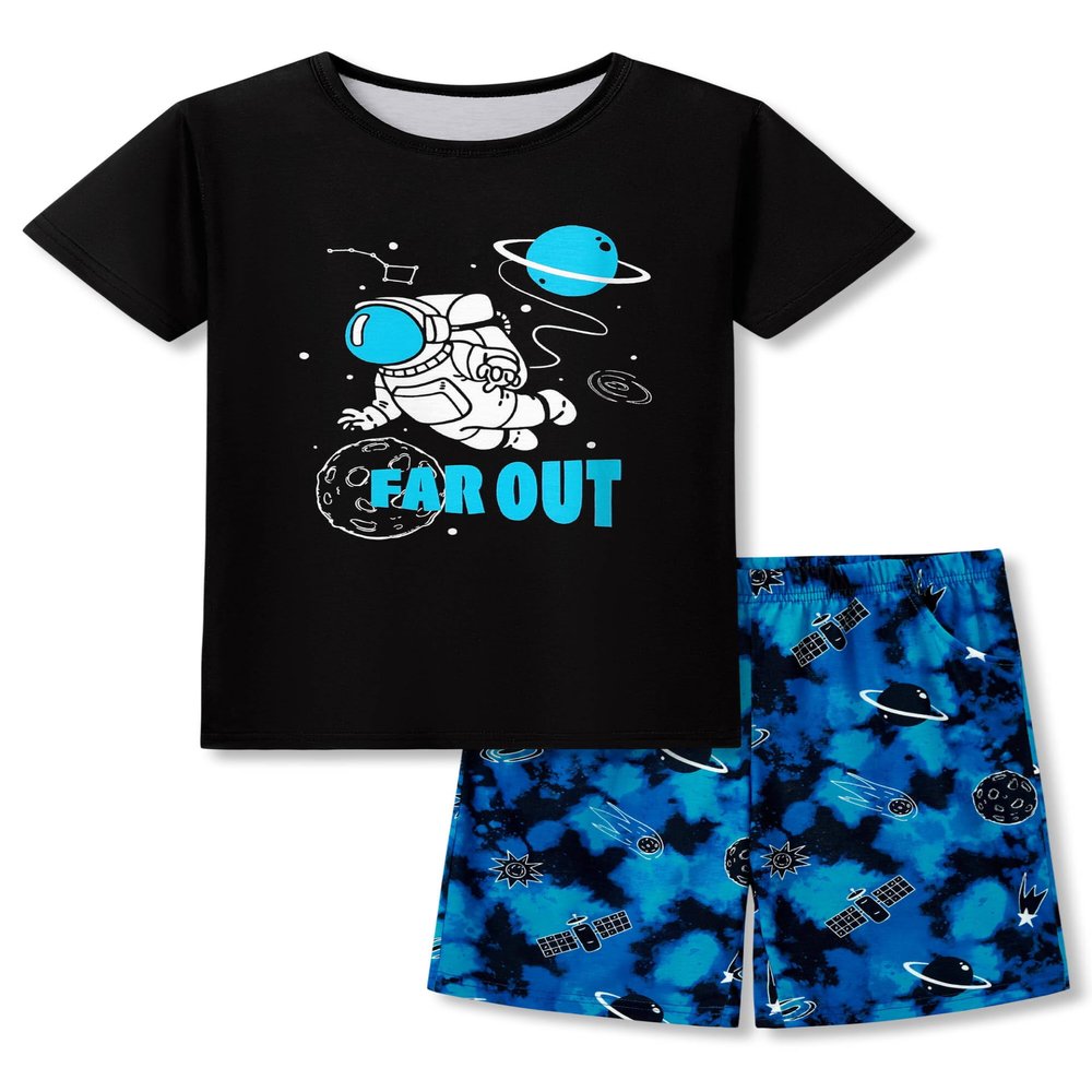 Beezizac Boys Pajamas Black & Blue Astronaut 2-Piece Short Set Soft PJ Summer Jammies Kid Size 10