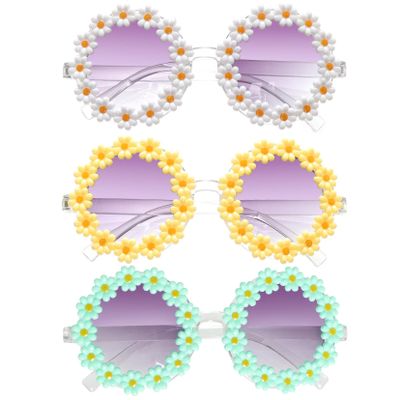 Topbuti Girls Round Daisy Flower Sunglasses Flower Shaped Cute Glasses UV 400 Protection Outdoor Beach Eyewear Girl Boy Gifts (3, White Yellow Green)