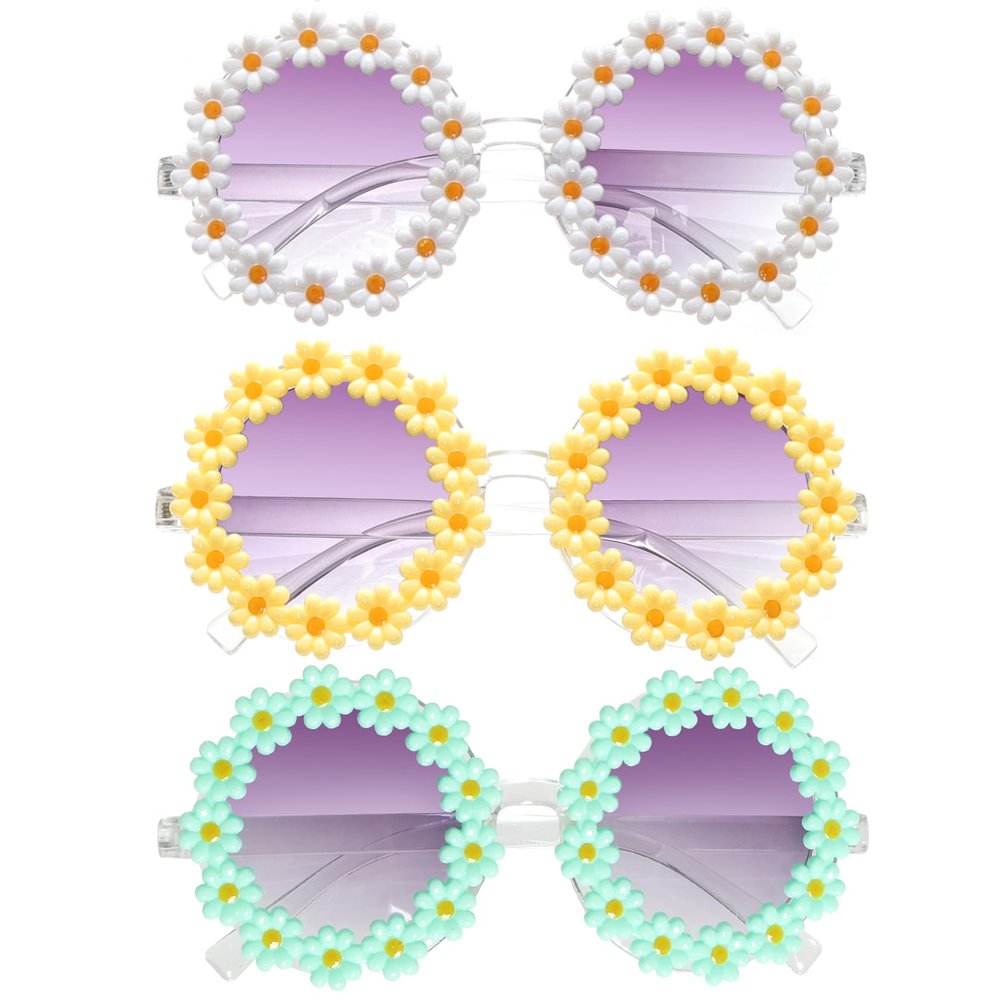Topbuti Girls Round Daisy Flower Sunglasses Flower Shaped Cute Glasses UV 400 Protection Outdoor Beach Eyewear Girl Boy Gifts (3, White Yellow Green)
