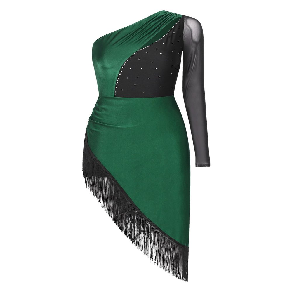 JEATHA Women Latin Salsa Samba Dance Dress Long Sleeves Asymmetric Tassel Fringed Ballroom Dancewear Green XX-Large