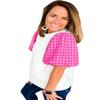 Elegant Round Neck Tweed Top with Puff Sleeves - White,White,(US 4-6) S view 1