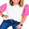 Elegant Round Neck Tweed Top with Puff Sleeves - White,White,(US 4-6) S view 2