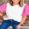 Elegant Round Neck Tweed Top with Puff Sleeves - White,White,(US 4-6) S view 3