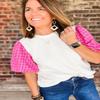 Elegant Round Neck Tweed Top with Puff Sleeves - White,White,(US 4-6) S view 4