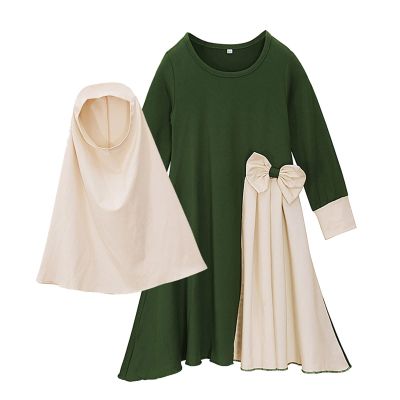 AIMAOMI Newborn Baby Girl Muslim Abaya Sets Outfits Long Sleeve Arabic Dubai Dress with Hijab Turban (Green, 3-4 Years)