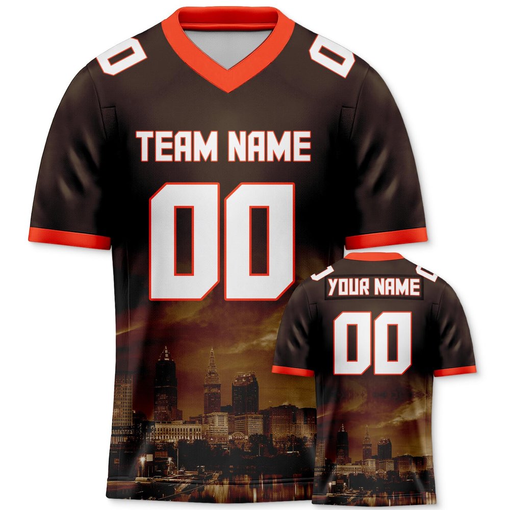 City Custom Football Jersey Personalized Printed/Stitched Brown Orange Shirt City Night Team Name Number Gift for Men Women Youth Football Fans S-5XL