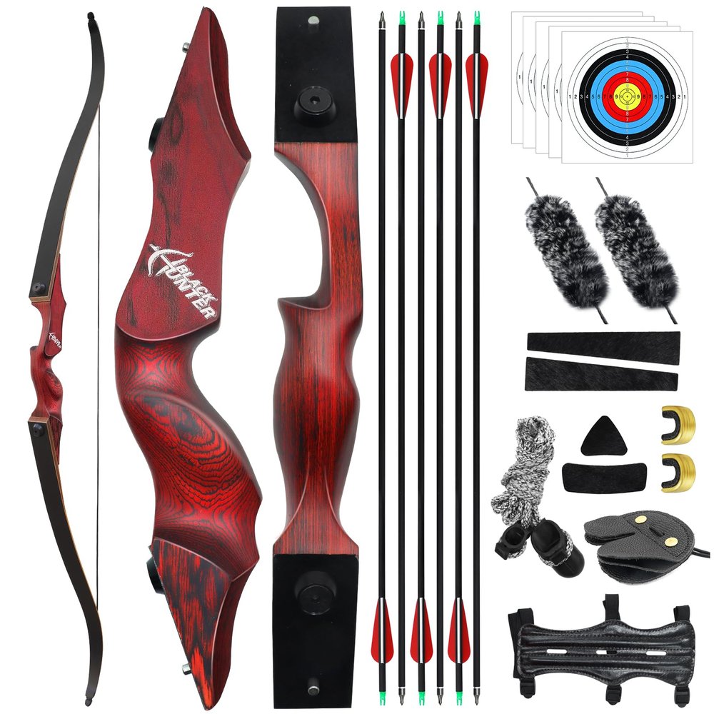 HANDBAIGE Black Hunter 60'' Left Hand Archery Recurve Bow and Arrows Set with Paper Target for Adults Outdoor Hunting Red Recurve Bow Kit (50lbs)
