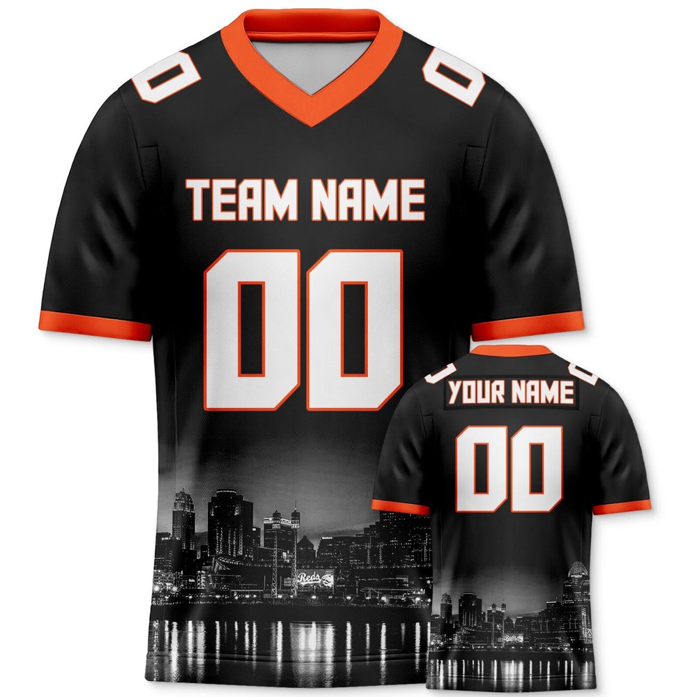 City Custom Football Jersey Personalized Printed/Stitched Black Orange Shirt City Night Team Name Number Gift for Men Women Youth Football Fans S-5XL