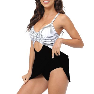 Lainuyoah Swim Dress for Women 2024 Color Block Crisscross Cutout Wrap Swimdress Patchwork V Neck Beach Monokini Bathing Suit, XX-Large, C-black