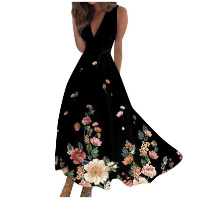 Wanvekey Floral Dress for Women Fashion Summer Dress Casual V Neck A Line Dress Sleeveless Swing Maxi Dresses 2024