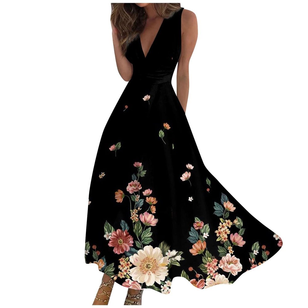 Wanvekey Floral Dress for Women Fashion Summer Dress Casual V Neck A Line Dress Sleeveless Swing Maxi Dresses 2024