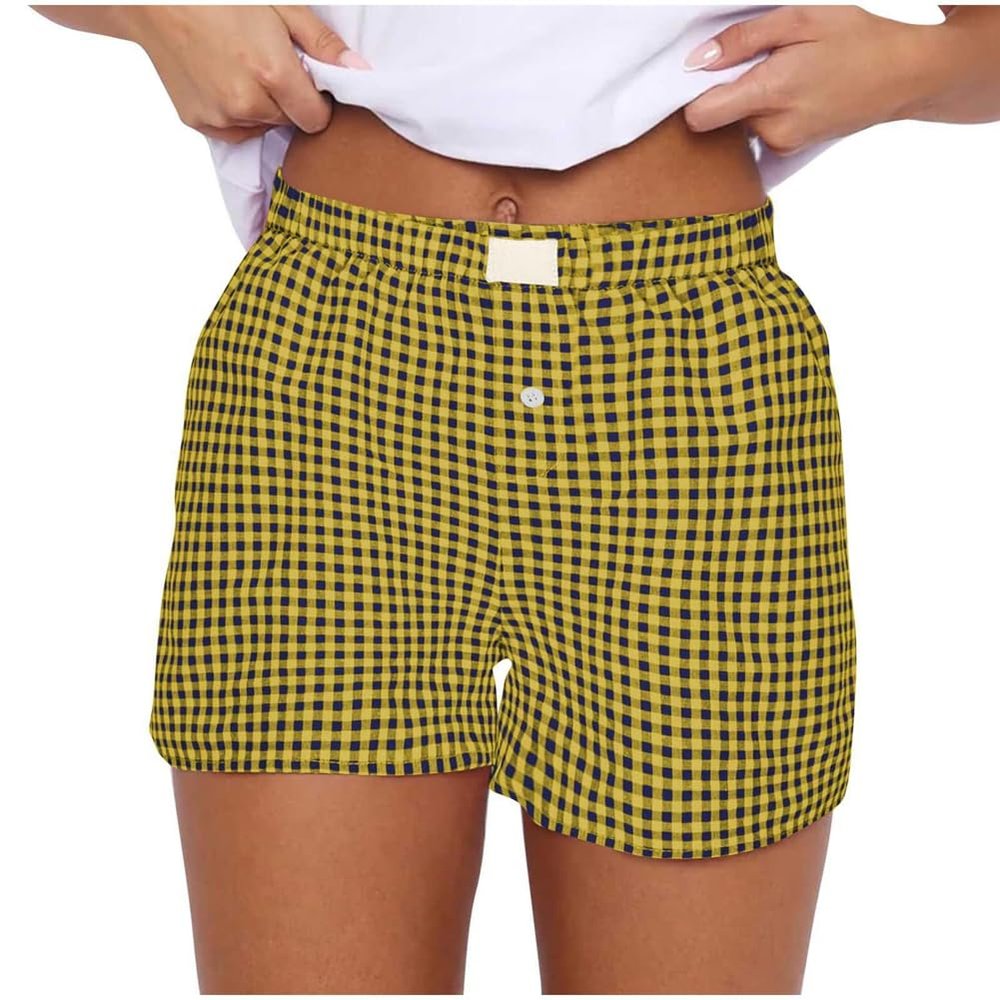 codcm Womens Y2K Boxer Shorts Cute Plaid Button Front Pajama Bottoms Pj Shorts Sleepwear(Yellow,3X-Large)