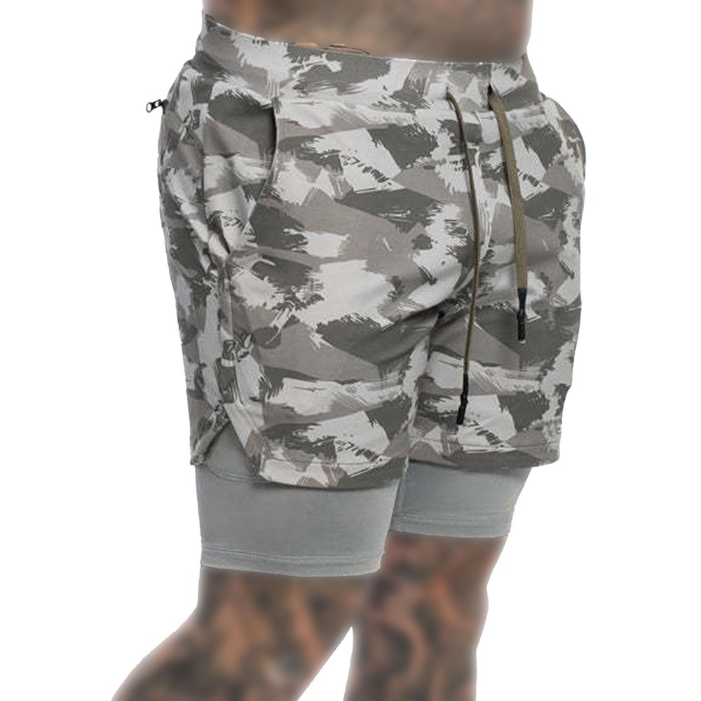 Men 2 in 1 Running Shorts Workout Athletic Camouflage Gym Short Bodybuilding Stealth Short Pants (Grey,XX-Large)