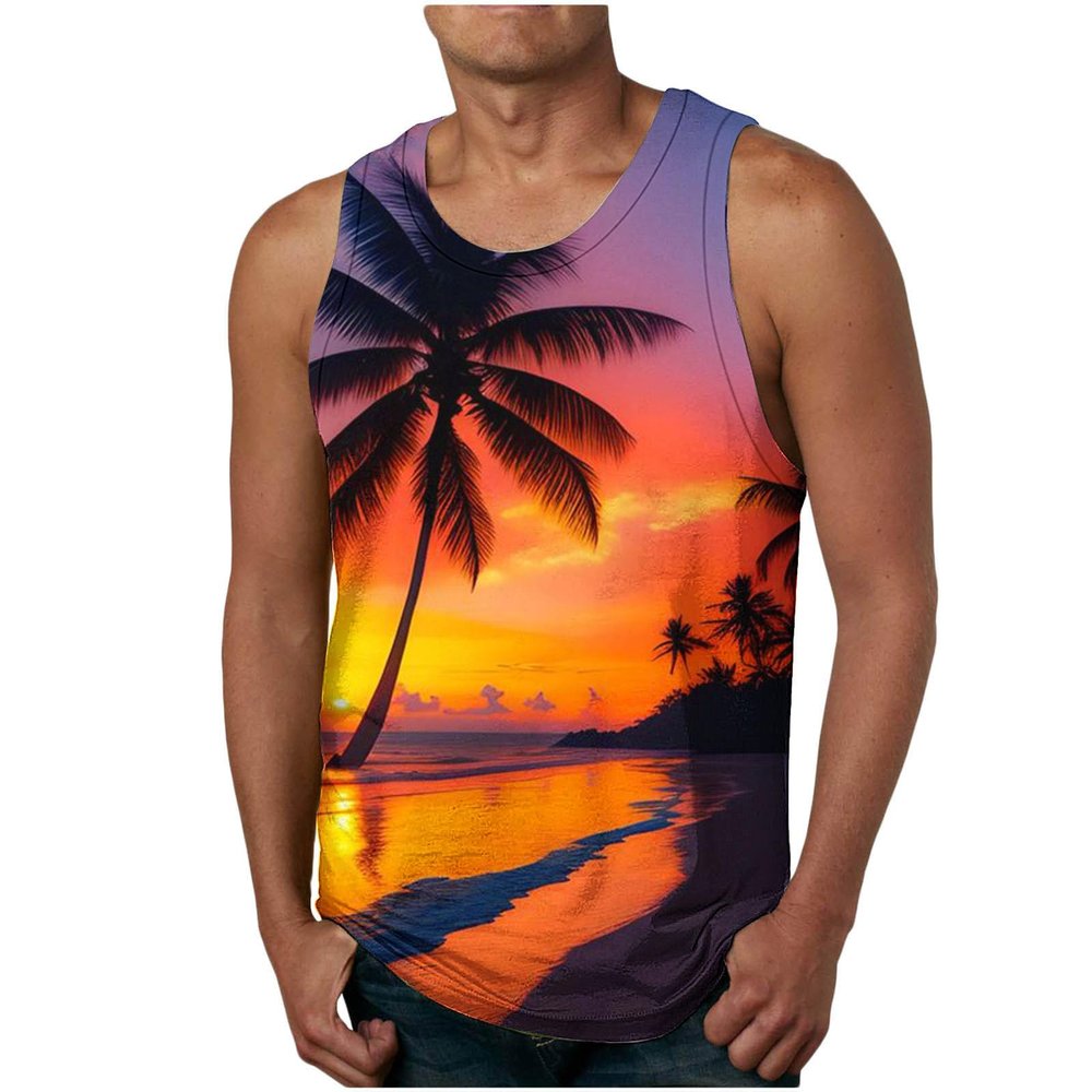 amazon deals of the day Big and Tall Graphic Tank Tops for Men Sleeveless Sunset Coconut Print Graphic Tee Shirts Casual Loose Pullover cotton shirts 2024 Yellow L