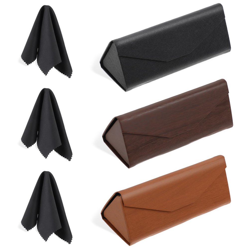 3 Pack Portable Sunglasses Case Foldable Glasses Case 6.38 x 2.72 x 2.52in(L*W*H) PU Hard Shell Eyeglasses Case With 3 Cleaning Cloths