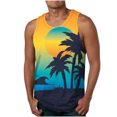 Muscularfit Men Men Tank Tops Graphic Palm Tree Print Crewenck Sleeveless Basic Tank Shirt Hawaiian Summer Beach Loose Pullover Mens Beach Tank Tops Green L