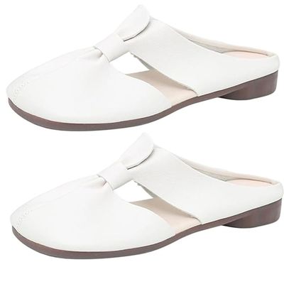 BAZHAIRQ Women's Hollow Out Flats Mules Non-Slip,Women's Round Toe Mules,Open Back Flat Loafers for Ladies (42,White)