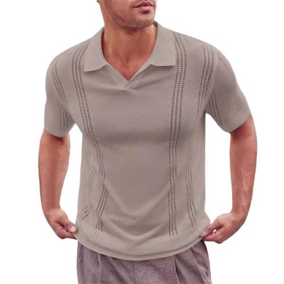 xoxingysm Casual Polo Shirts for Men Knitted Short Sleeve Comfy Breathable Cuban Guayabera Textured T Shirts V-Neck Slim Fit Muscle Workout Tops Business Golf Sport Tee Shirts Khaki
