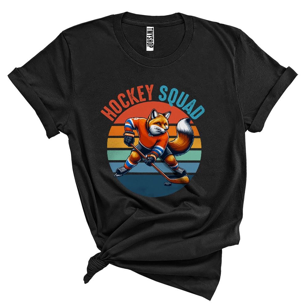Vintage Retro Hockey Squad, Humorous Fox Playing Hockey Player Team, Matching Group Unisex T-Shirt Black