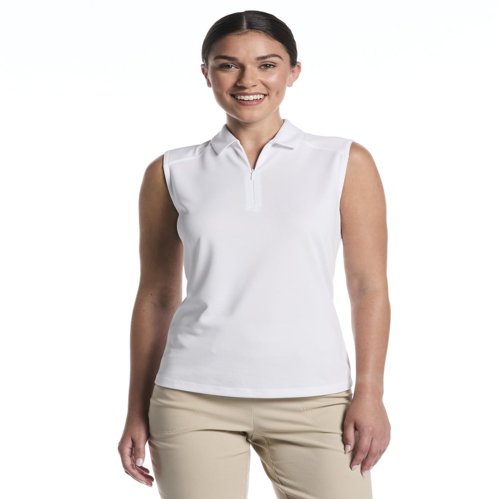 PGA Tour Women's Airflux Sleeveless Golf Polo Shirt, Moisture-Wicking, Ventilated Fabric, Sun Protection, Stretch Seams, Bright White, Large