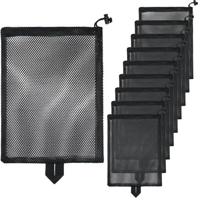 BOJITEXS 10 Pcs Mesh Drawstring Bag 10.5" x 14" with Handle & Cord Lock Closure, Heavy Duty Durable Nylon Mesh Bag for Beach Toys Swimming Gym Laundry Travel Mushroom Foraging (Black)