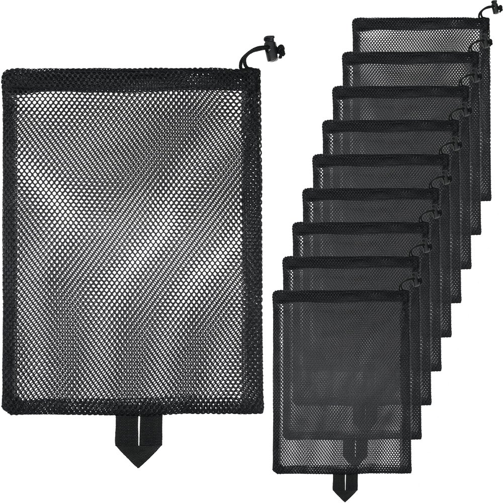 BOJITEXS 10 Pcs Mesh Drawstring Bag 10.5" x 14" with Handle & Cord Lock Closure, Heavy Duty Durable Nylon Mesh Bag for Beach Toys Swimming Gym Laundry Travel Mushroom Foraging (Black)