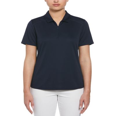 PGA Tour Women's Airflux Short Sleeve Golf Polo Shirt with Zipper, Moisture-Wicking Fabric and Sun Protection, True Navy, X-Small