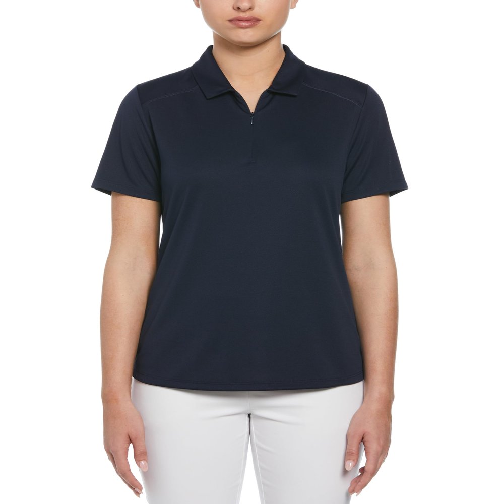 PGA Tour Women's Airflux Short Sleeve Golf Polo Shirt with Zipper, Moisture-Wicking Fabric and Sun Protection, True Navy, X-Small