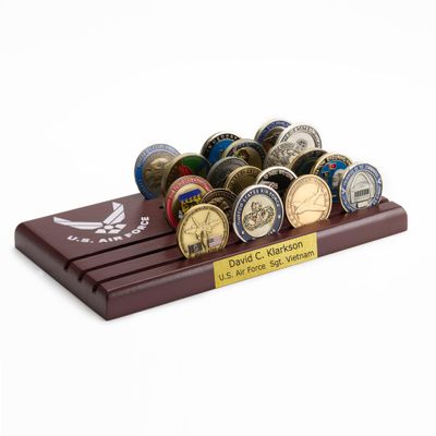 DECOMIL Challenge Coin Display Stand, Customized Name Plate, Military coin holder display, Solid Wood, 30 challenge coin holder, Gift for Veterans, Coin Rack Display Military Emblems (Air Force)